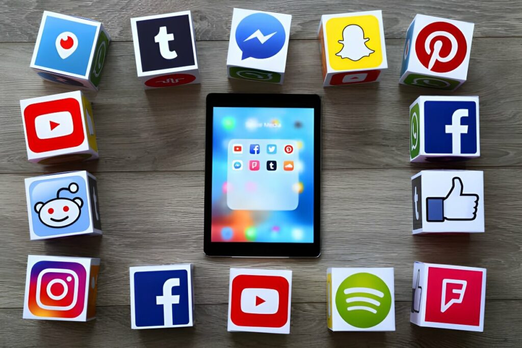 Social media icons representing platforms that boost visibility through Website SEO tips.